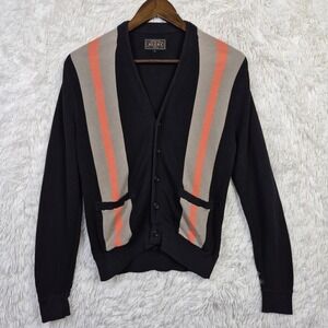 Beams Plus Men Black Striped Knit Cardigan Sweater Small Cotton Retro Panel